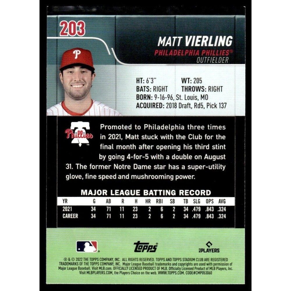 2022 Stadium Club Matt Vierling RC Philadelphia Phillies #203 - Picture 2 of 2